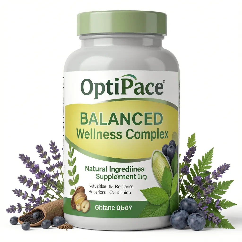 OptiPace balanced wellness complex supplement bottle with natural ingredients